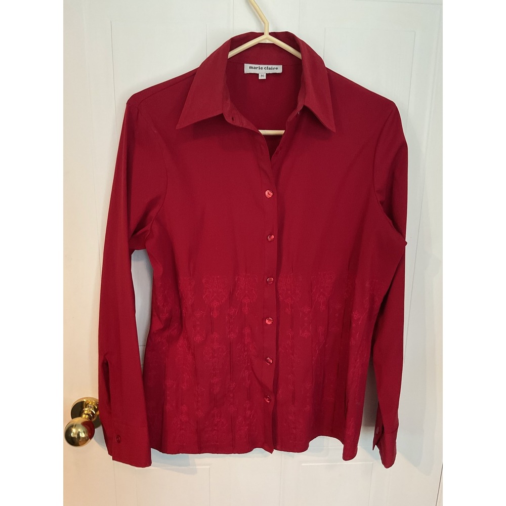 Marie Claire Button Down Shirt Womens M Red Excellent Embroidered Damask Blouse